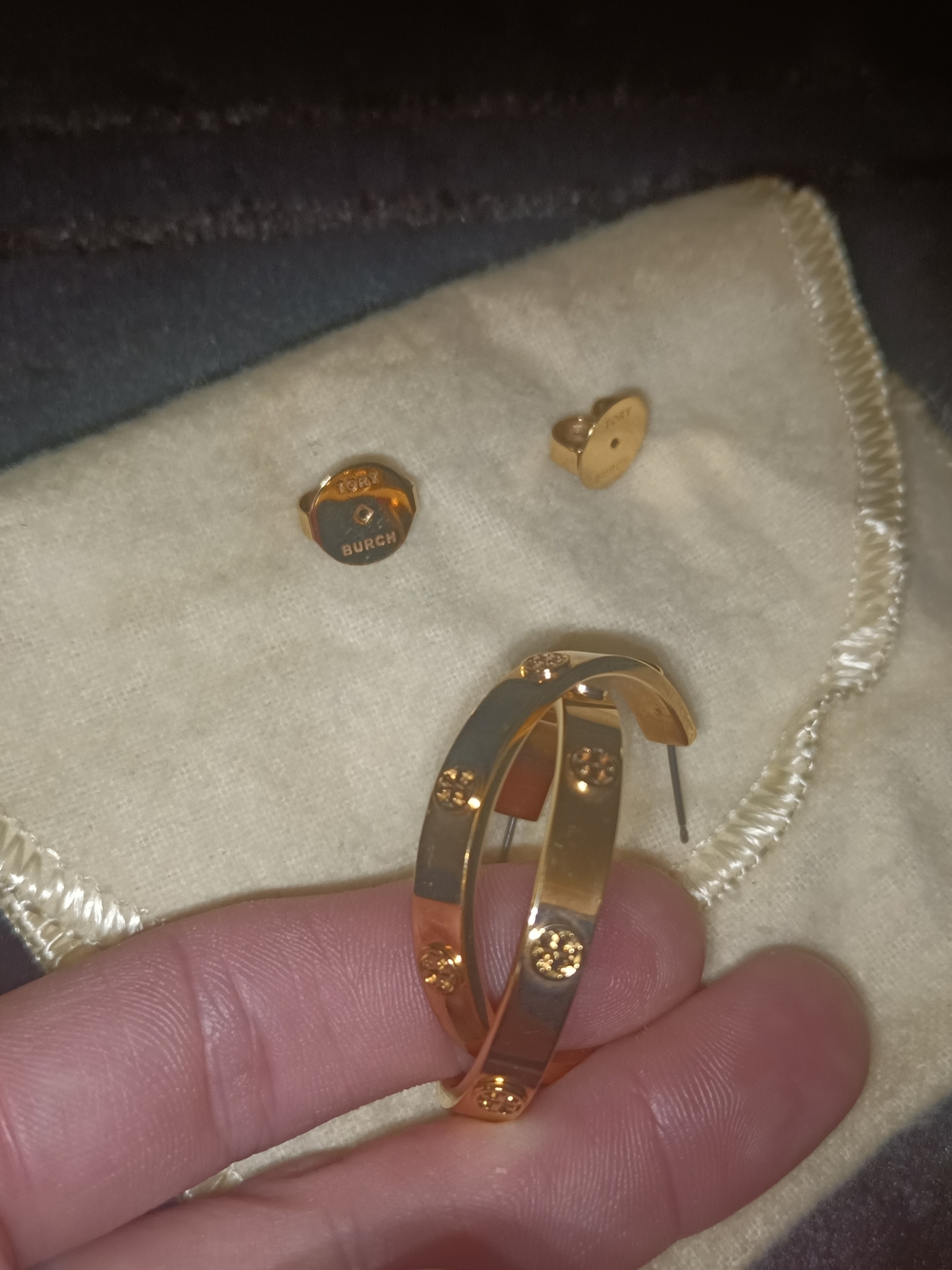 Tory Burch Gold Logo Hoop Earrings with Stud Backs